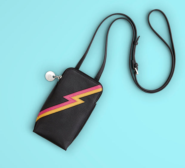 Black Leather Lightning Bolt Ziggy Phone Bag