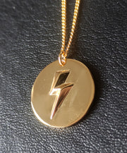 Gold 3D Lightning Bolt Circular Pendant and Chain (925 Silver)