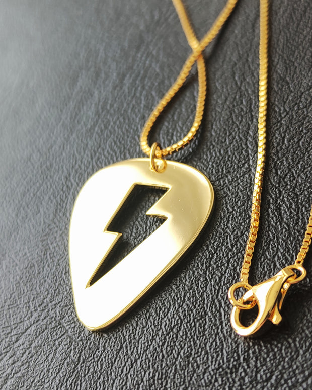Gold Guitar Pick 'Flash' Lightning Bolt Necklace (925 Silver)