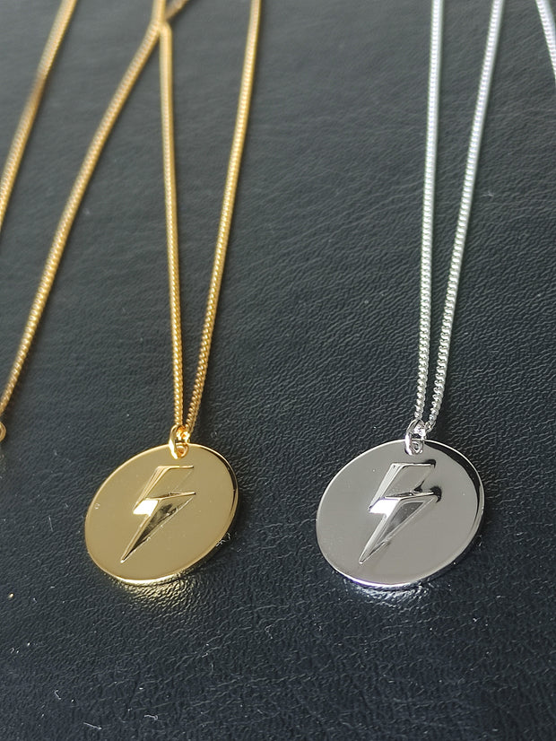 Gold 3D Lightning Bolt Circular Pendant and Chain (925 Silver)