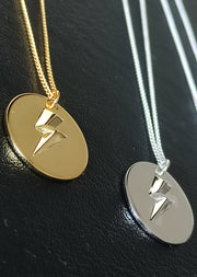 Gold 3D Lightning Bolt Circular Pendant and Chain (925 Silver)