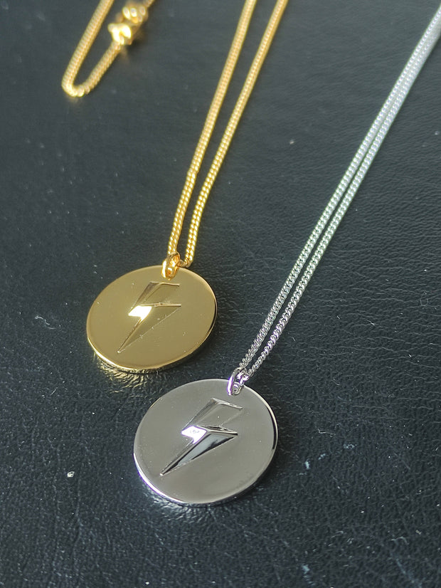Gold 3D Lightning Bolt Circular Pendant and Chain (925 Silver)