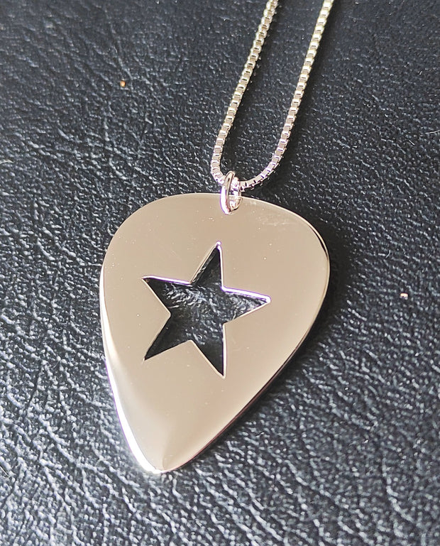 Silver Guitar Pick Star Pendant and Box Chain (925 Silver)
