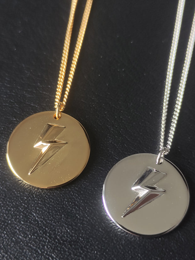 Gold 3D Lightning Bolt Circular Pendant and Chain (925 Silver)