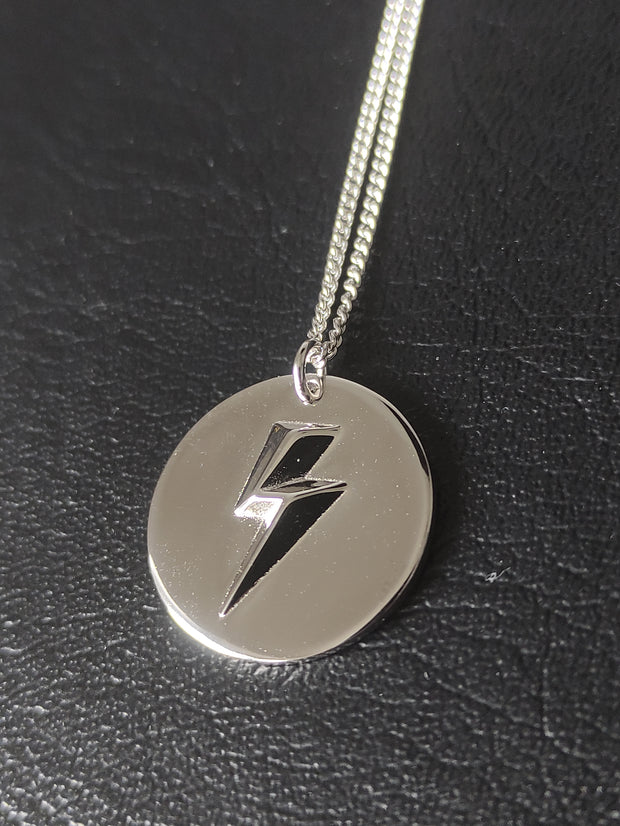 Silver 3D Lightning Bolt Circular Pendant and Chain (925 Silver)