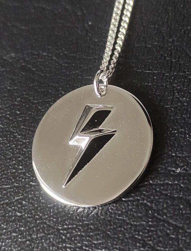 Silver 3D Lightning Bolt Circular Pendant and Chain (925 Silver)